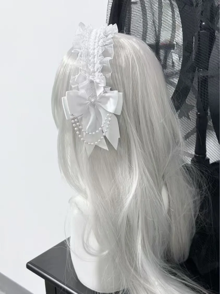 White Lolita Pleated Laces Hair Hoop Women Girls Sweet Bowknot Headband Maid Cosplay Headpiece Festival Party Costume Props