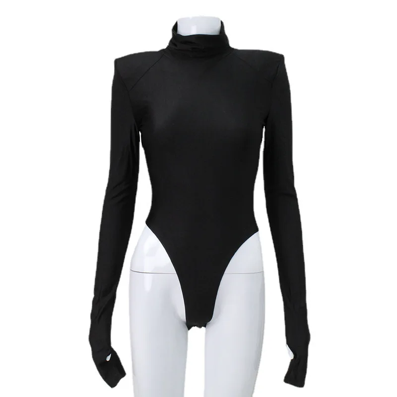 Ropa de mujer hombreras Simple cuello alto mangas largas Sexy Slim Fit Color sólido moda versátil mono al por mayor