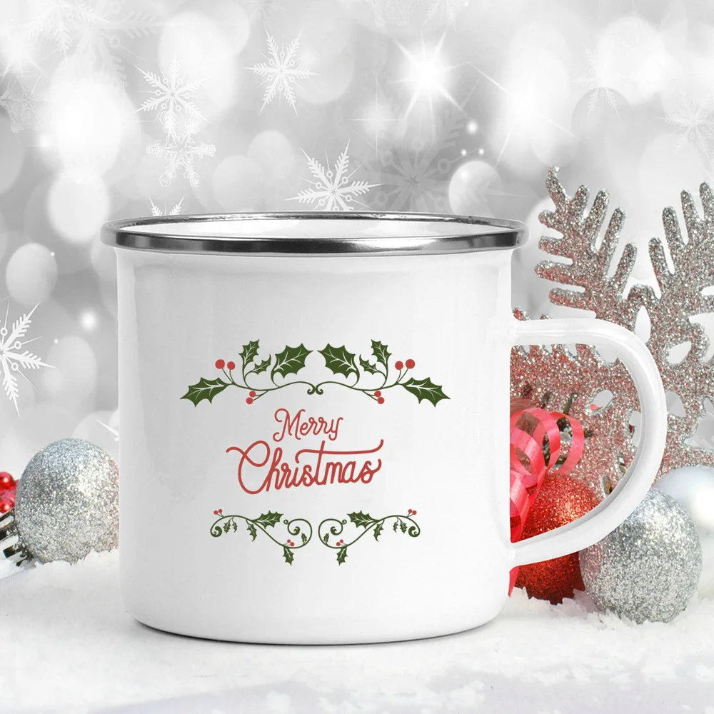 Holly Bells Printing Mug Enamel Coffee Mugs Handle Drink Beer Juice cup merry christmas cups kitchen Party Decor new year gifts