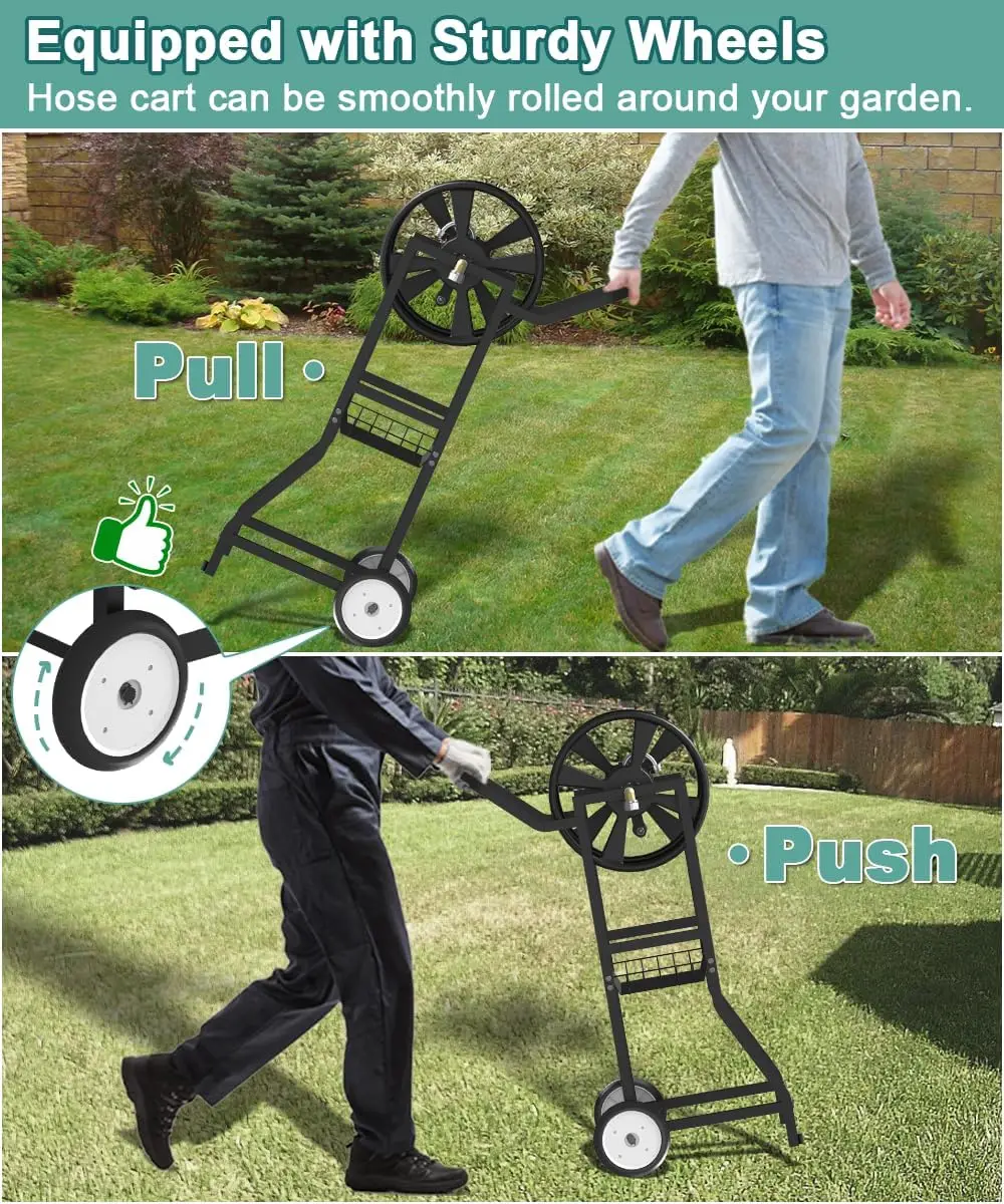 ホイール付きガーデンホースリールカート、屋外用ヘビーデューティーパウダーコーティングスチール製ウォーターワインダー収納、125フィート5/8インチホースと3.9フィートに対応