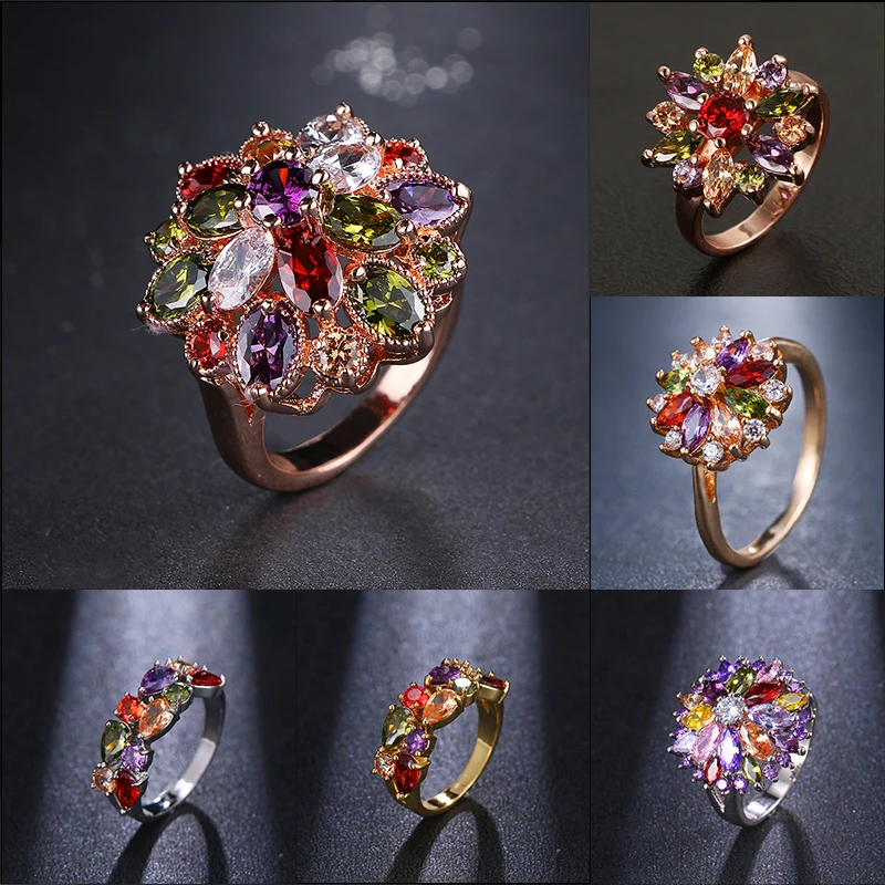 GMGYQ Hot Rose Goud Kleur Mona Lisa Ring voor Vrouwelijke Bruiloft met Kleurrijke Cubic Zirkoon Bijouterie Graduation Gift