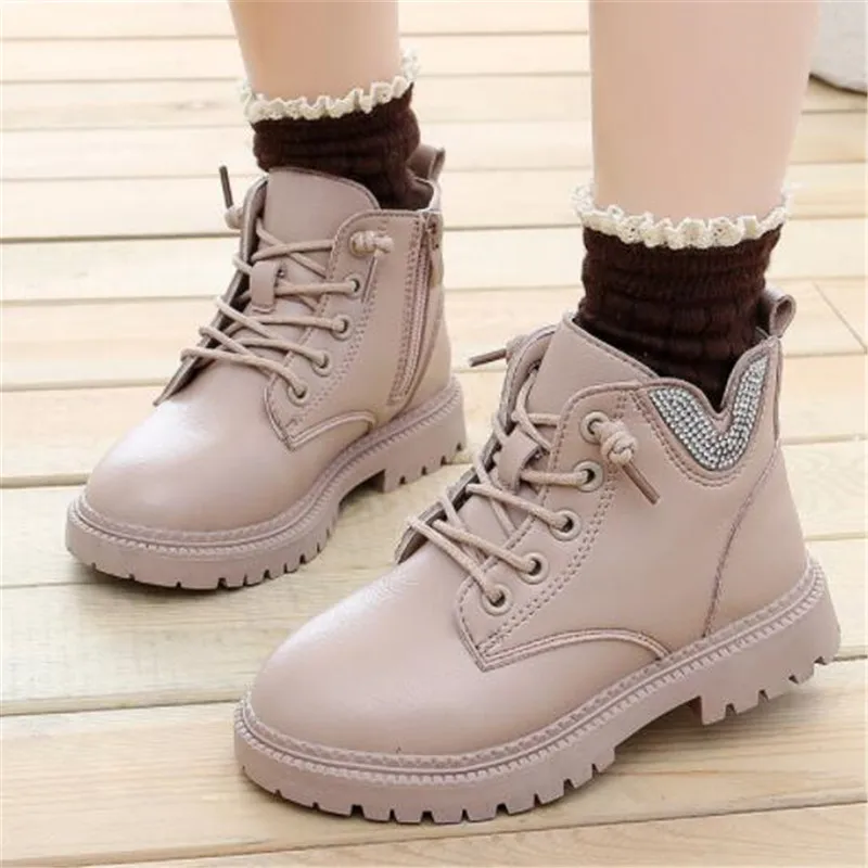 Girls Short Boots Shiny Rhinestones Fall 2022 New British Kids Boots Short Winter Cashmere Soft Sole  Princess Single Boots