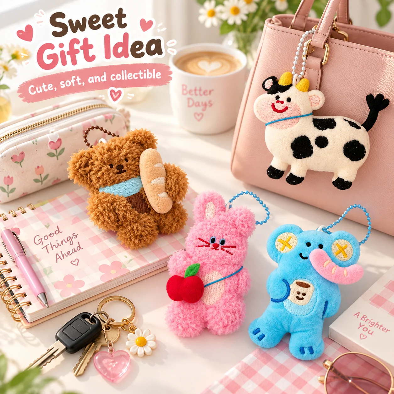 Cute Cartoon Plush Keychain, Kawaii Pet Backpack Pendant for Girls, Beaded Chain Bag Charm