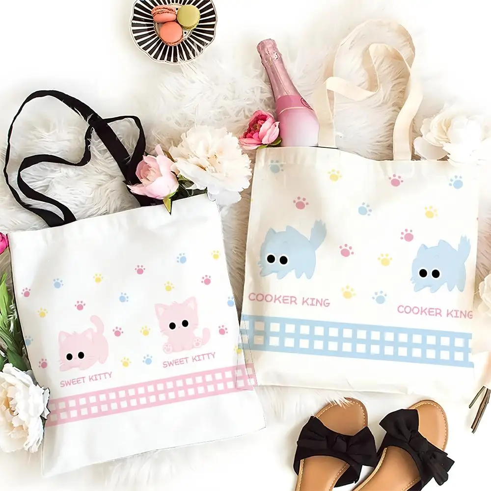 Sacs de rangement mignons à motif de chat de dessin animé, sacs fourre-tout en toile grande capacité, sac à bandoulière tendance, sac de shopping écologique