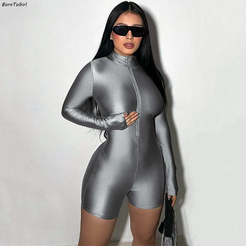 BornToGirl Sexy Playsuit Women Black Green Silver Bodycon Long Sleeve One Pieces Playsuits Bodysuits Jumpsuit Tops Body Suit Y2K