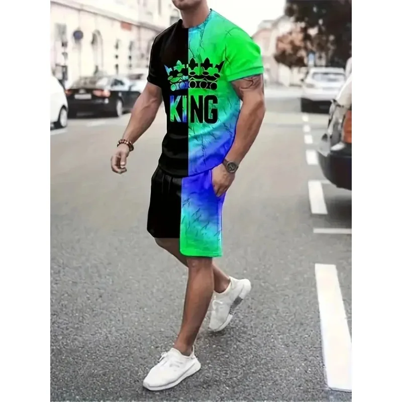 

2025 Summer Casual Fashion Men's Short-Sleeve Set: Fun 3D Crown Letter Print T-Shirt and Shorts Two-Piece Set