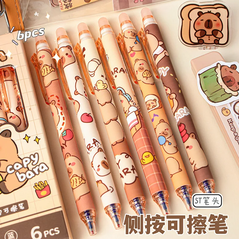 6pcs لطيف Capybara Gel Pens Kawaii Pen مجموعة سريعة تجفيفها الأزرق محو القابلة للمحواة.