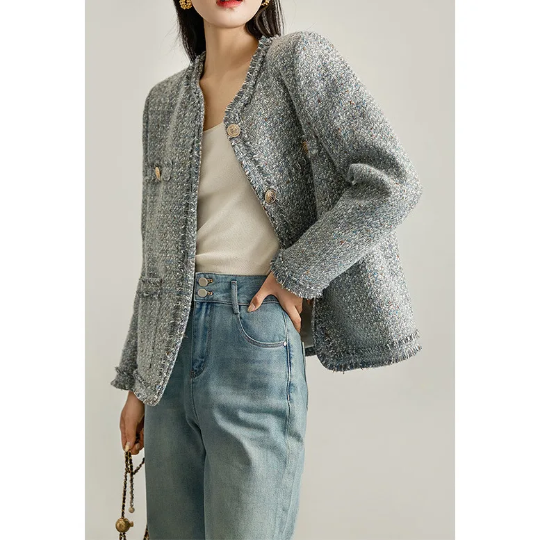 Wool High-end Fringed Small Fragrant Coat, Blue-gray Tweed Jacket 2024 Spring French Short Women's Clothing New