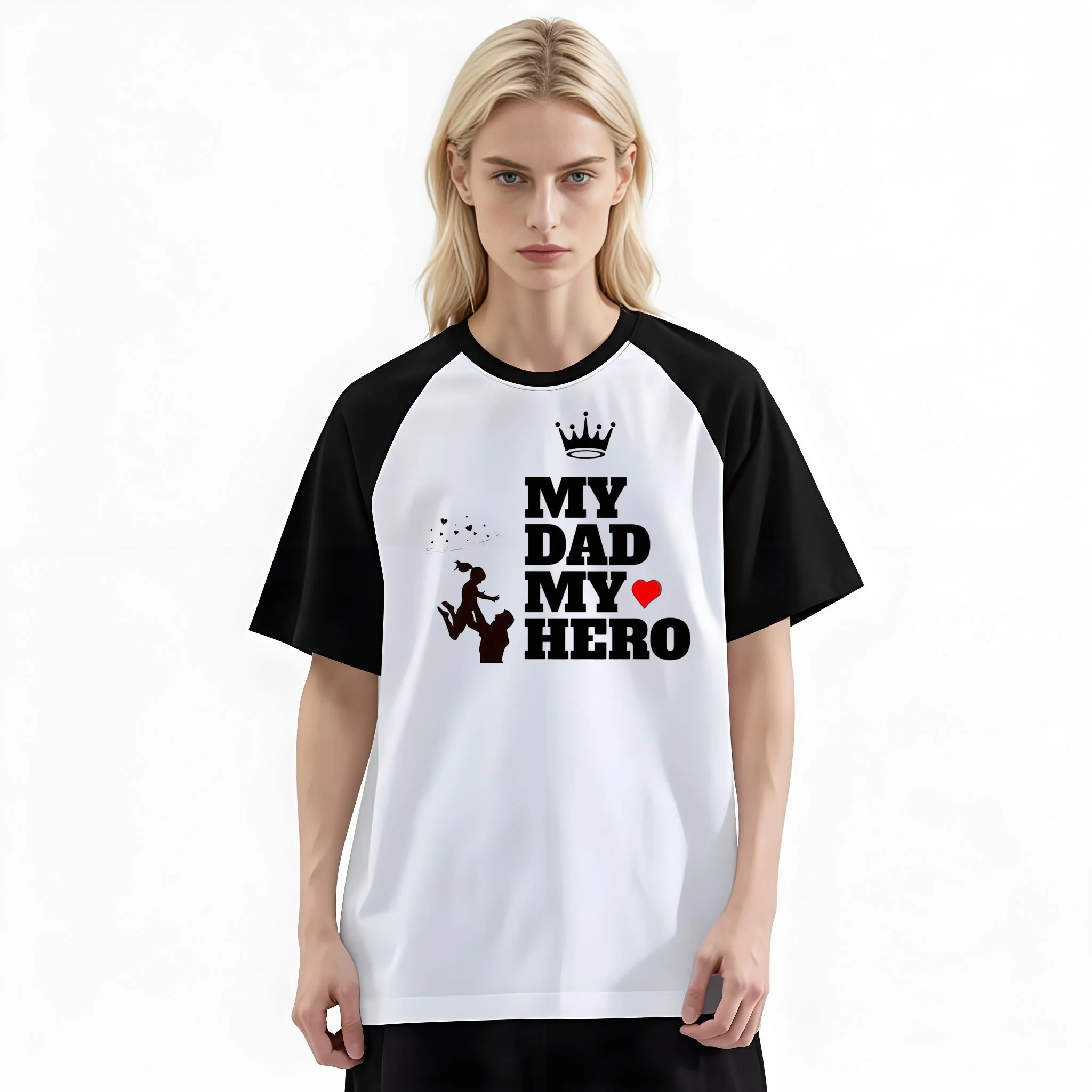 Women'S Fashion Raglan Sleeve T-Shirt, My Dad My Hero Crown Father Daughter Silhouette Red Heart Printed, Summer Casual Comfortable Tee, Women'S Everyday Short-Sleeve Top