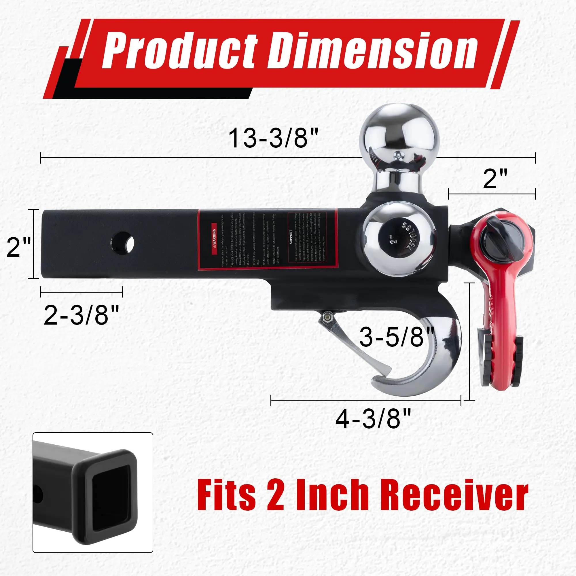 TYT Tri-Ball Hitch Mount, 2" Receiver, 1-7/8", 2", 2-5/16" Balls, Tow Hook & Clevis Shackle with Locks Black Trailer Hitch view 2