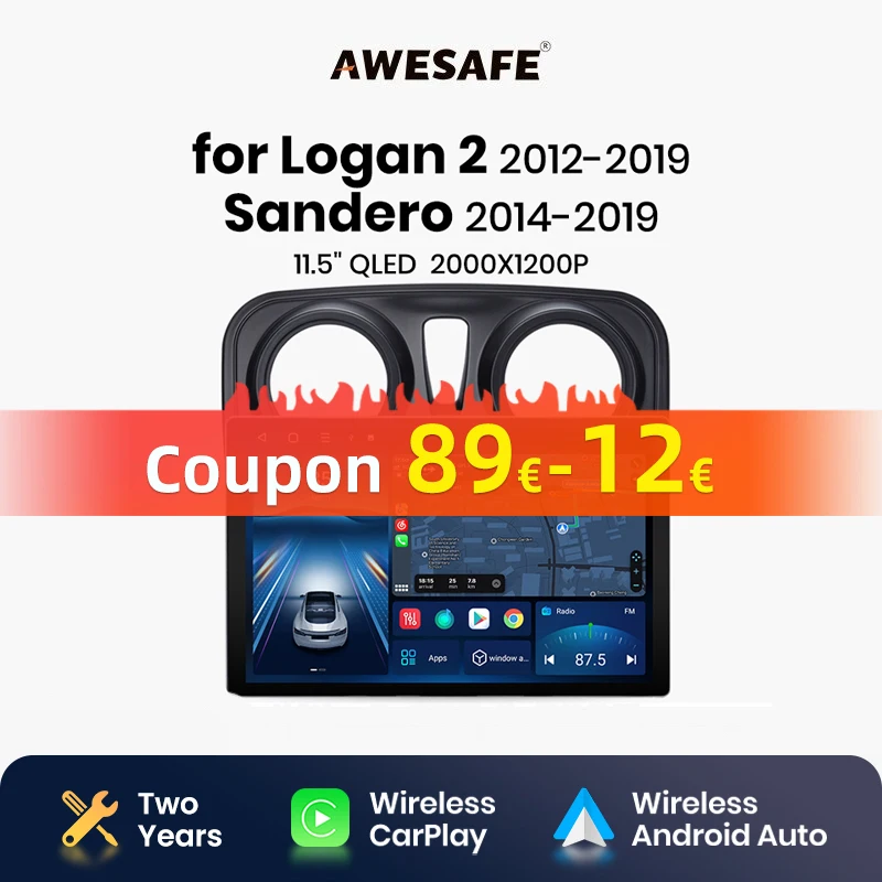 AWESAFE X7 PRO 11.5“ 2K Wireless CarPlay Android Auto Car Radio for Renault Logan 2 Sandero 2014 2015-2019 Multimedia autoradio