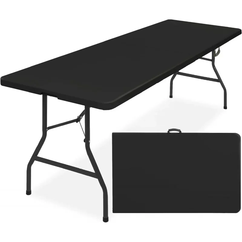 8ft plastic folding table, indoor heavy duty portable W/handle, lock picnic, party, Pong, camping-Black