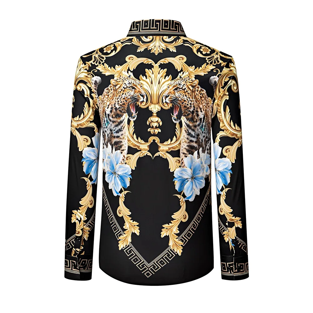 2026 Luxury Rhinestone Long Sleeved Shirt Men Printed Social Casual Shirts Slim Fit Business Banquet Party Performance Costumes