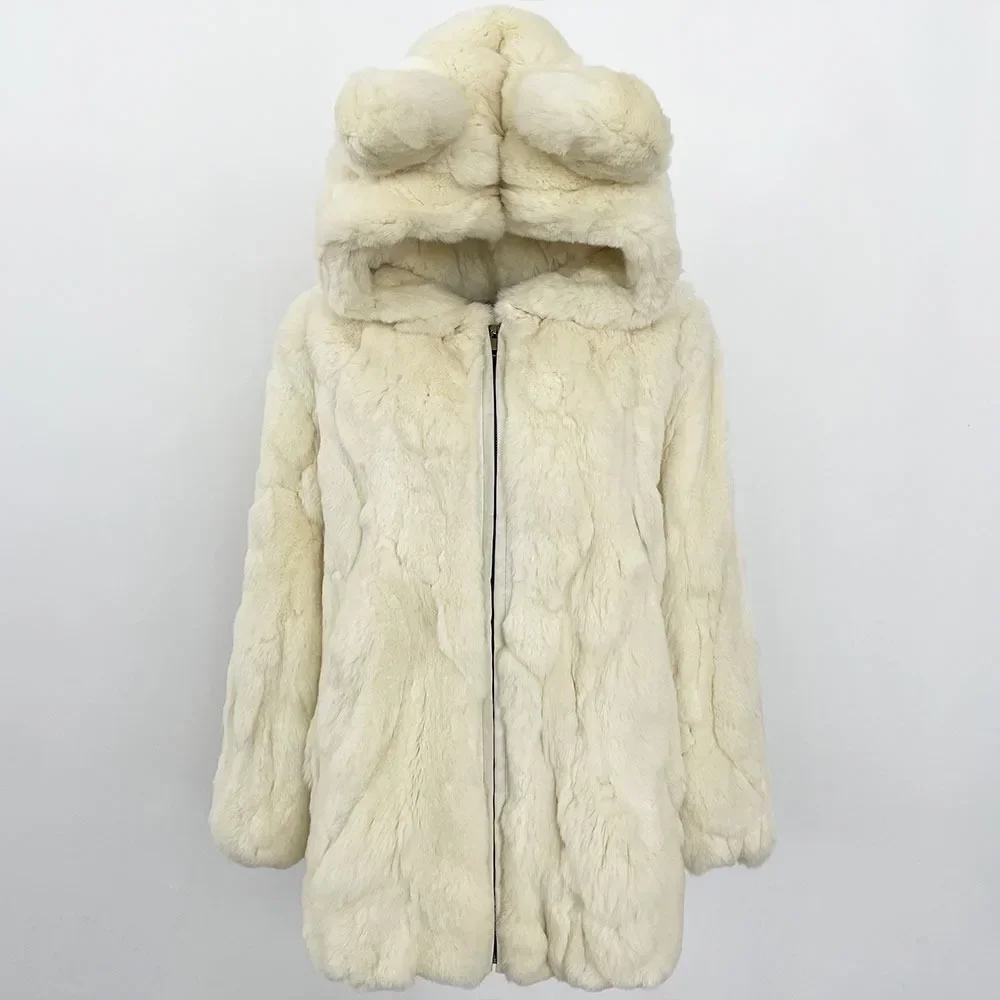 Real Fur Jacket Lady Mid-lenght Warm Hooded Natural Rabbit Fur Coat Female 2024 New Autumn Winter Real Rabbit Fur Jacket Women