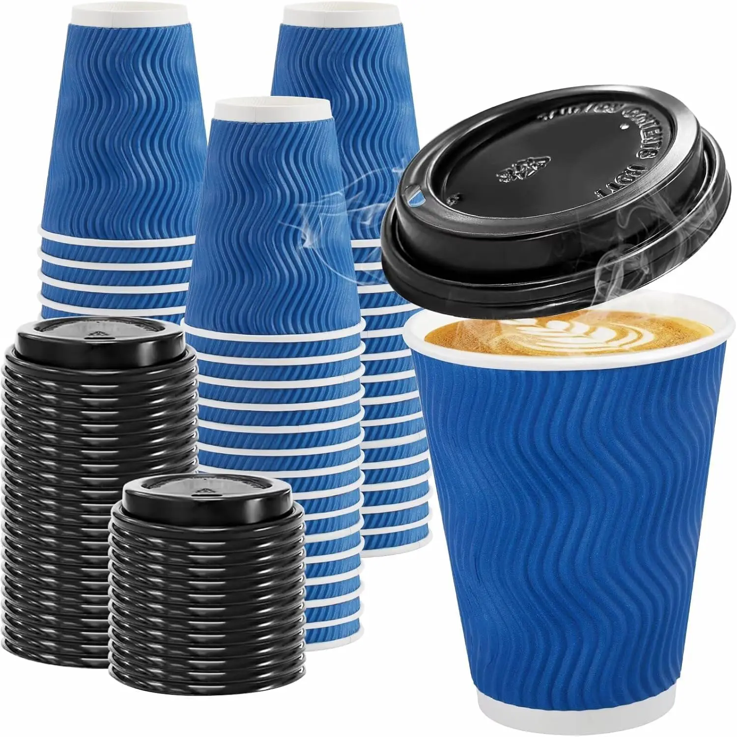 

100 Pack Coffee Cups with Lids 12oz, Disposable Insulated Ripple Wall To Go Paper Coffee Cups for Hot/Cold Drinks Office