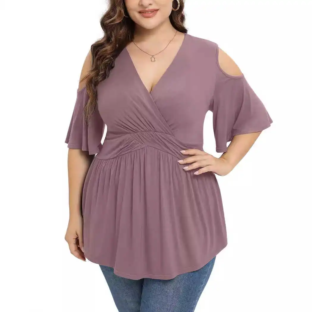 Plus Size Dames Zomer T-shirt V-hals Top 5XL Loose Fit ort Sve Gedrukt Polyester Casual irt Hollow out Design