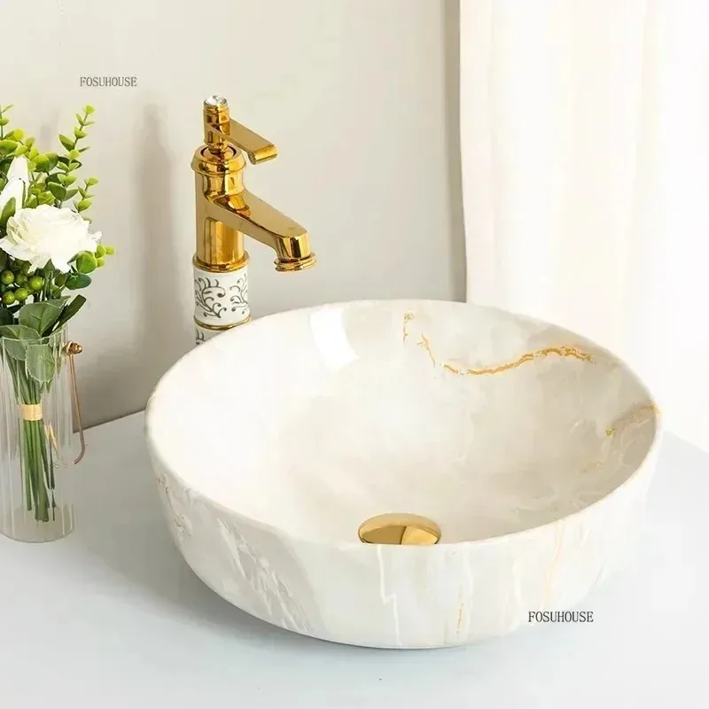

Household Square Art Washbasin European Ceramic Above Counter Basin Marble Pattern Bathroom Sinks Light Luxury Countertop Sink