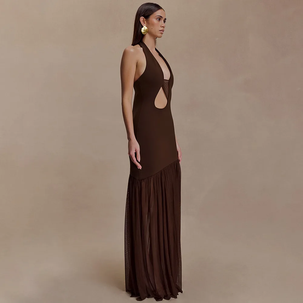 투트윈스타일 섹시 스플라이스 시스루 메쉬 맥시 드레스 여성용 홀터넥 민소매 패치워크 홀로우 백리스 바디콘 드레스 여성