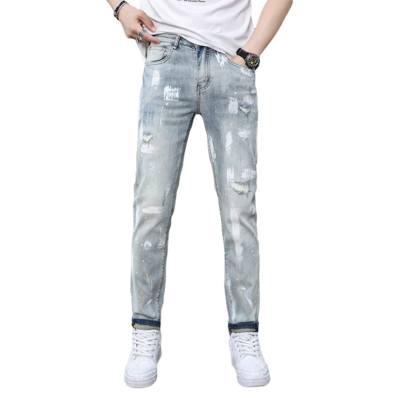 2024new fashion spray paint splash-ink design jeans men's ripped men's stretch comfortable slim fit skinny high-end trousers