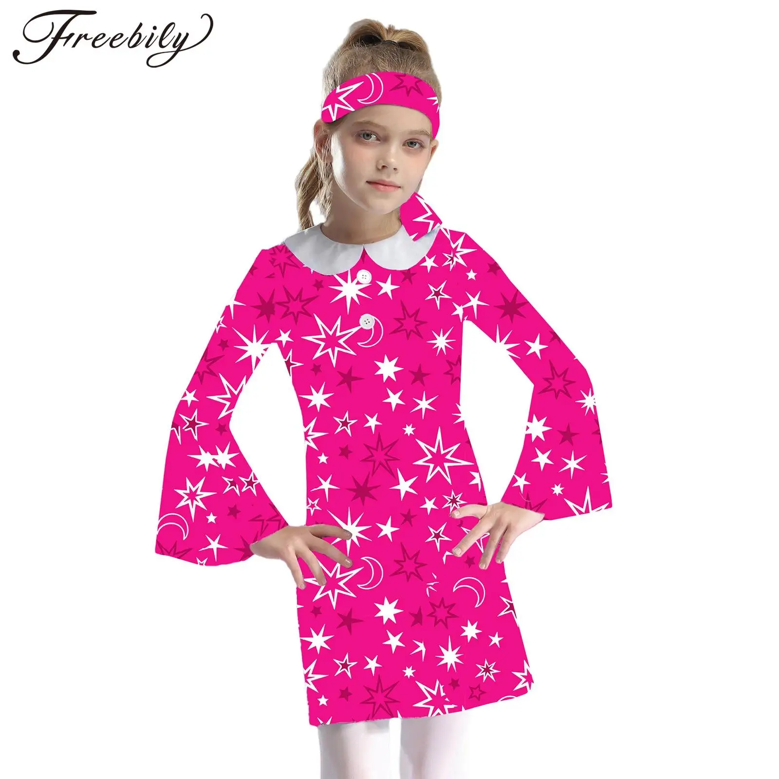 Kids Girls Retro 70s Disco Hippy Dance Dress Long Flare Sleeve Fancy Print Dress Halloween Carnival Musical Costume Dress Up