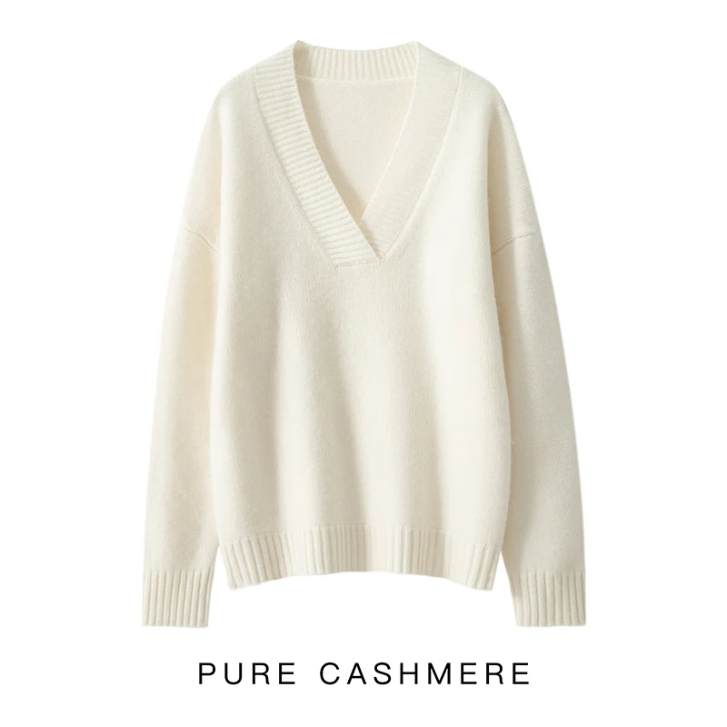 Cashmere Sweater Women\'s 2023 Autumn/Winter New 100% Goat Cashmere V-neck Loose Pullover Fashion Knitted Sweater Tops For Female