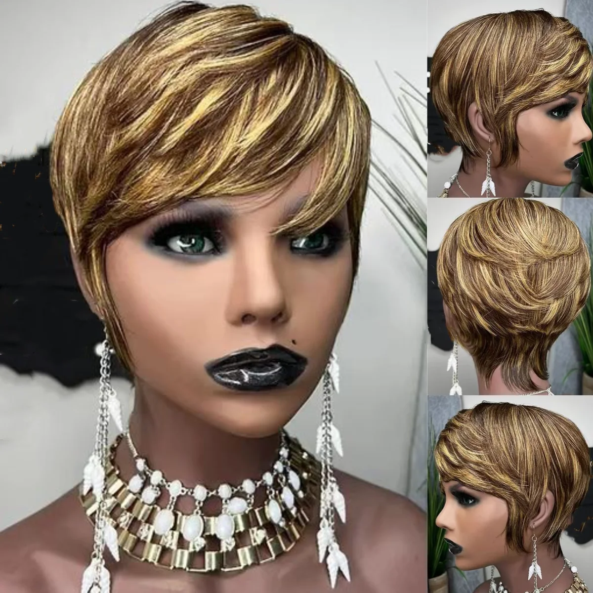 

CUZ of HAIR Ombre Dark Brown Honey Blonde Highlight Synthetic Short Straight Pixie Cut Hair Bob Wigs With Bangs For Black Woman