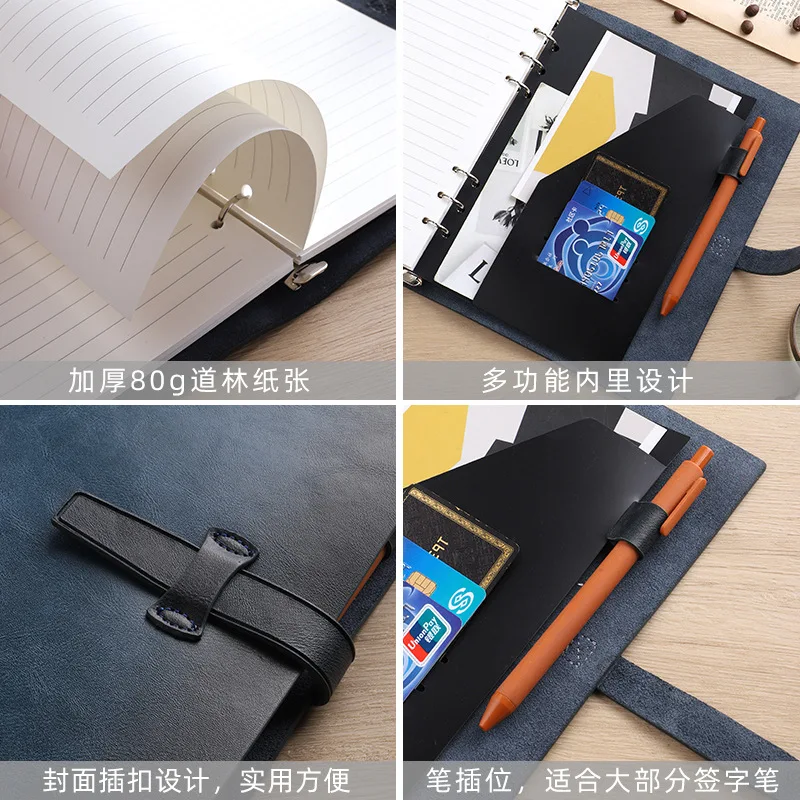 Cuaderno planificador recargable A5/A6, cuaderno de piel sintética con 6 anillas, con ranuras para tarjetas, bolsillo, 80 hojas/160 páginas de papel rayado