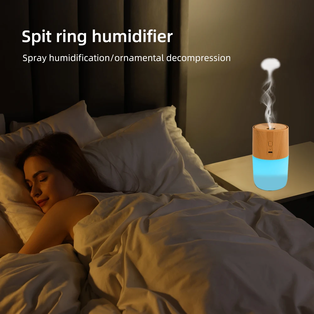 300 ml houtnerf geurverspreider met luchtbevochtiger en luchtzuivering 7 kleuren LED-verlichting, 2 spuitmodi, inclusief 2 essentiële oliën