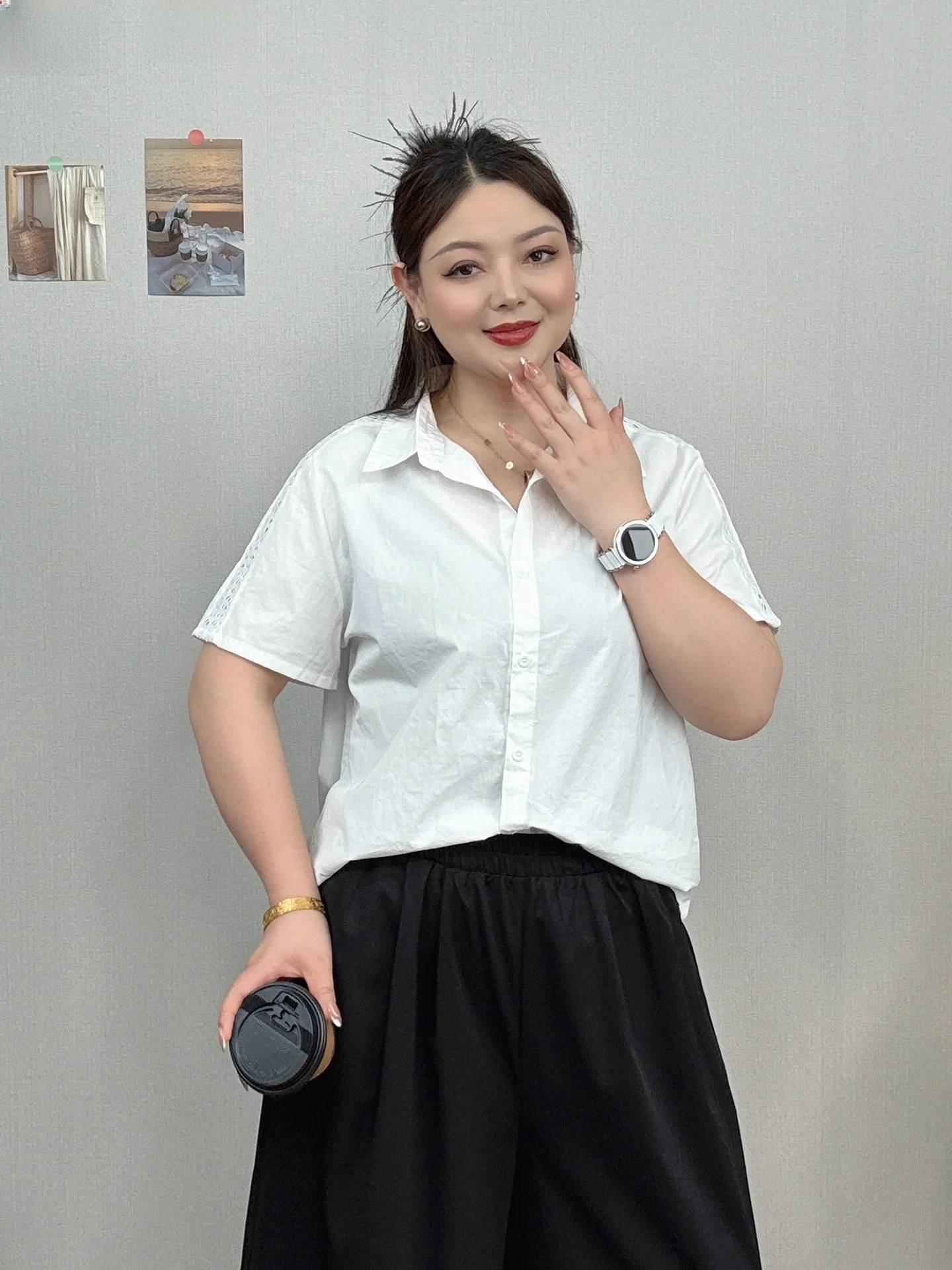 

plus Size Women's Casual Style Short Sleeve Shirt Loose Fit Slimming Design Hollow out Top Spring Summer High End Feeling