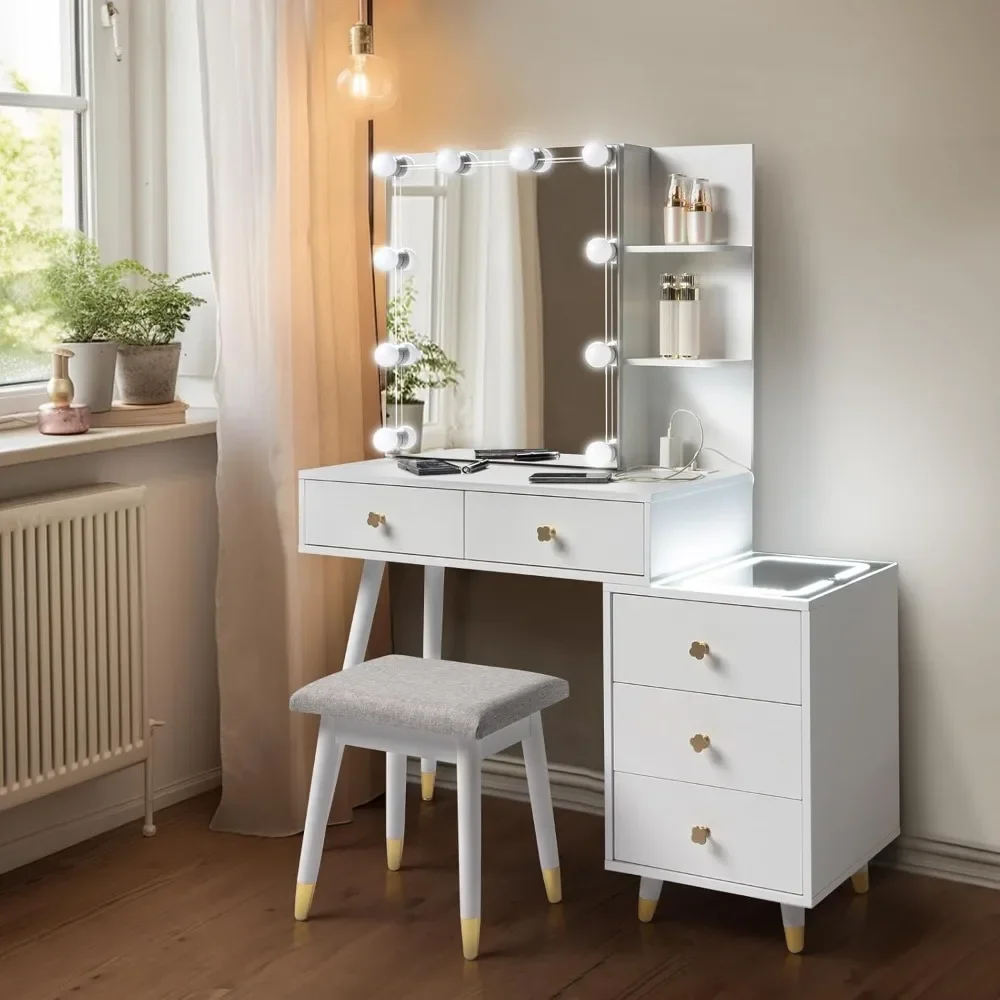 Vanity Desk with Mirror Cabinet, Charging Station, 5 Drawers, Storage Shelves, Cushioned Stool, Modern LED Makeup Vanity Set