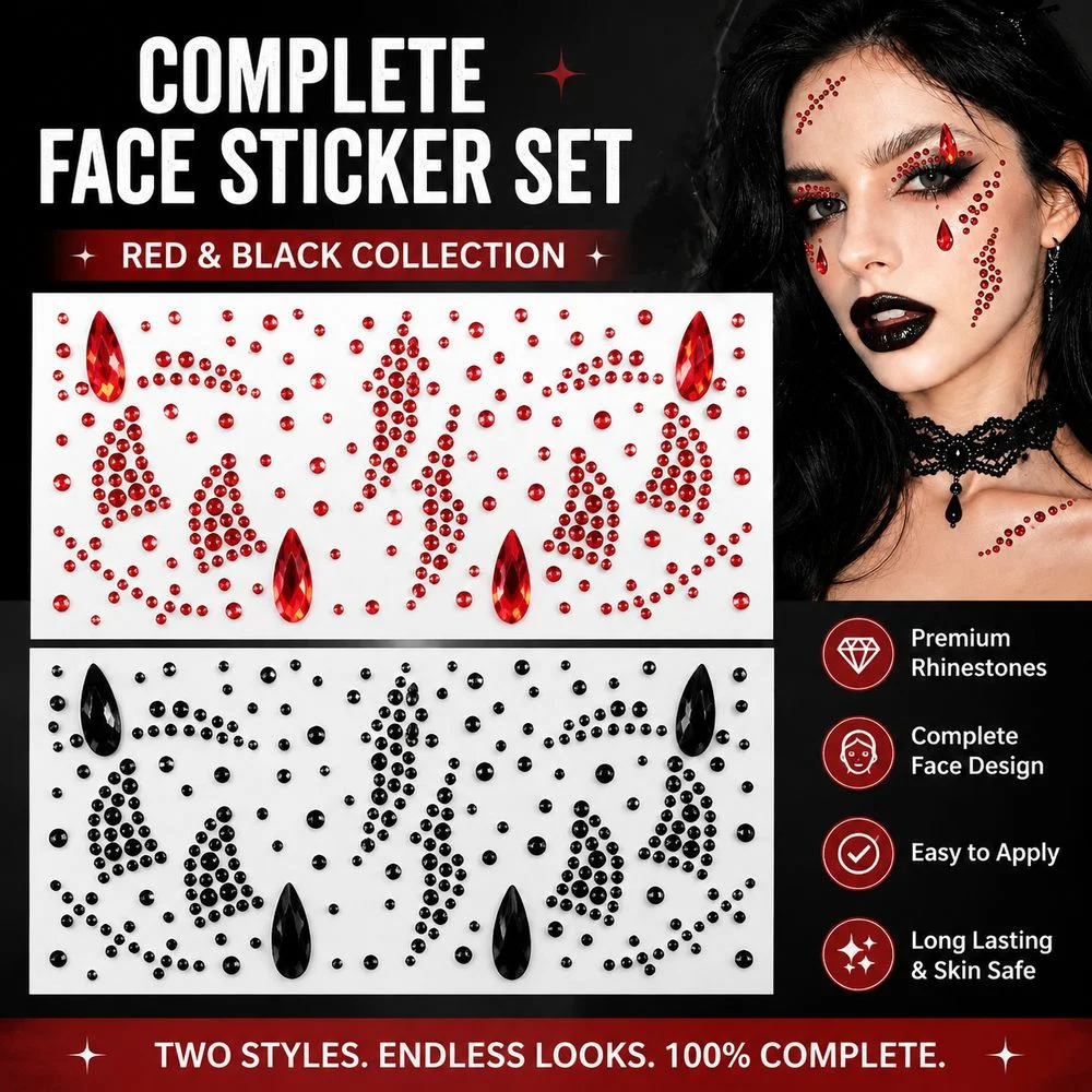 1Pc Halloween Party Face Rhinestone Stickers Red Black Two Styles Mixed‑Size Blood‑Tear Crystal Gems For Vampire Cosplay Look