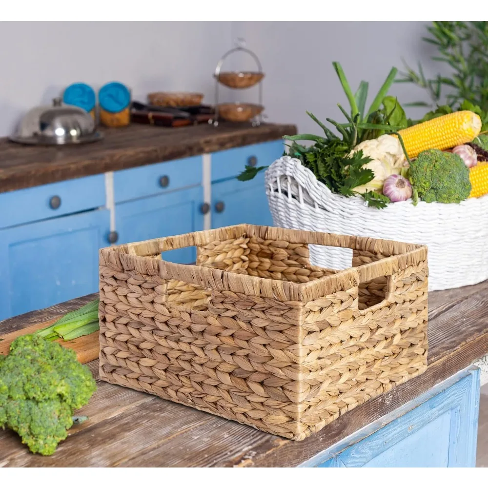 

Large 14.5” x 13.5” x 8” (Set of 3) Natural Water Hyacinth Woven Storage Baskets, Rectangular Wicker Basket with Built-in Handle