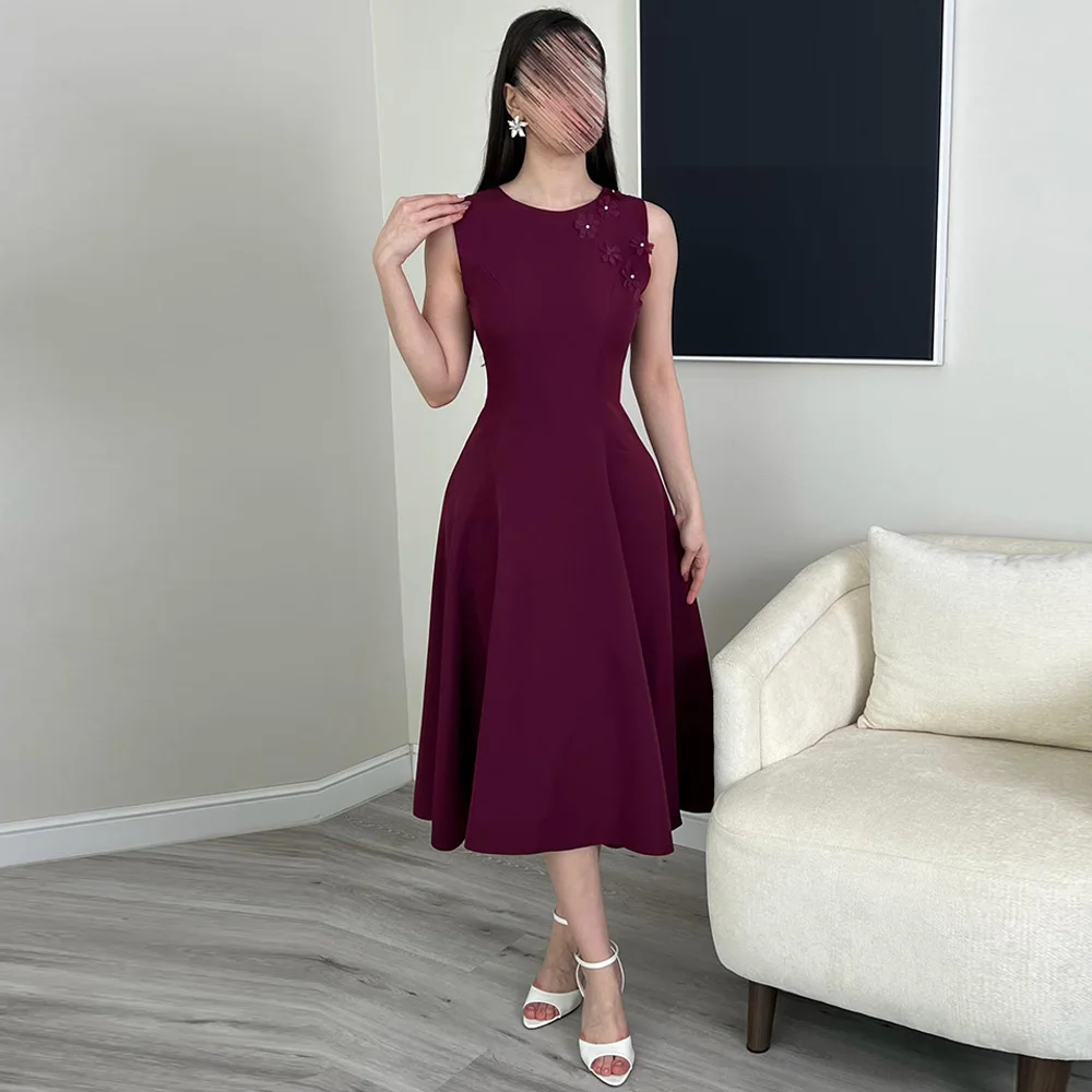 

Customized Jersey Crew Neck Sleeveless Evening Dress Modern Purple A-Line Celebrity Gowns Elegant Flowers Tea Length Party Dress
