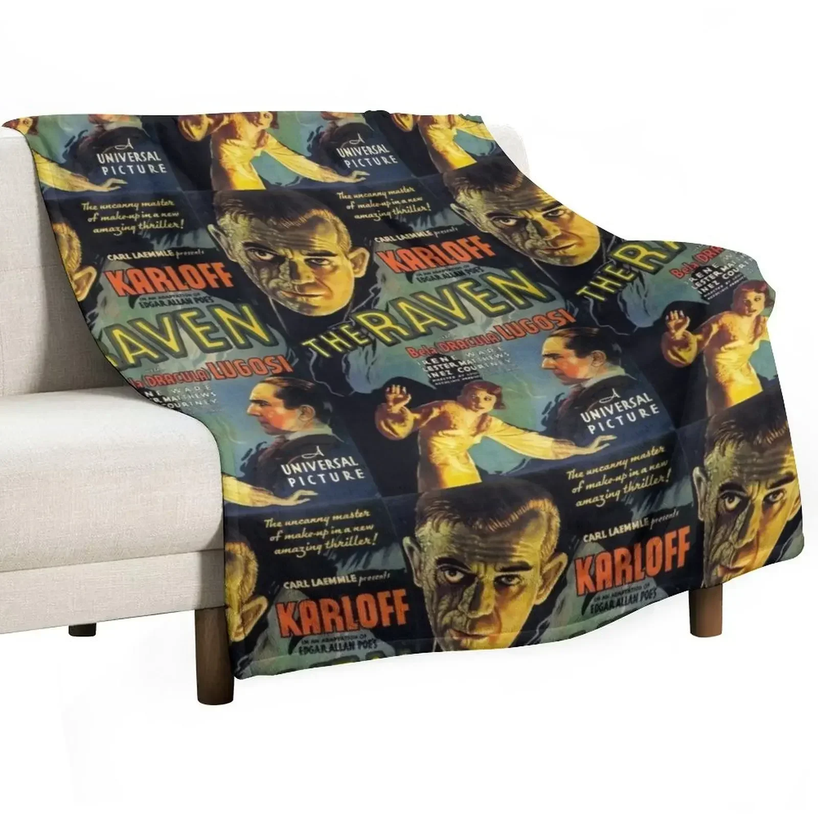 

The Raven - vintage Universal horror poster - Boris Karloff, Bela Lugosi, Edgar Allen Poe Throw Blanket Flannel Fabric Blankets