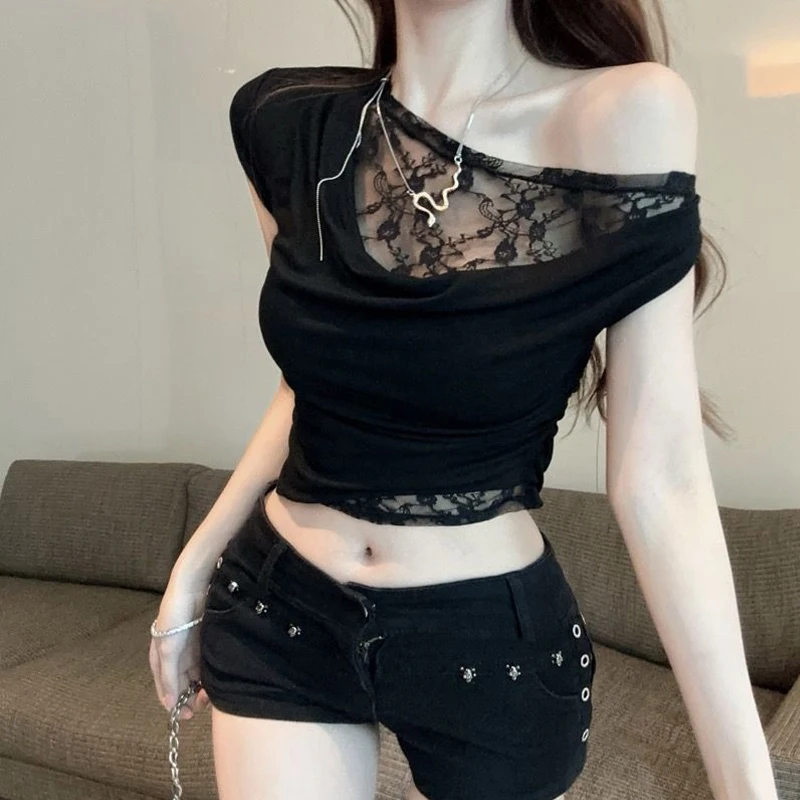 

Y2K Lace Patchwork Fake Two Piece Short Tops Summer New Short Sleeve Solid Irregular Sexy T Shirts Fashion Korean Women Clothing