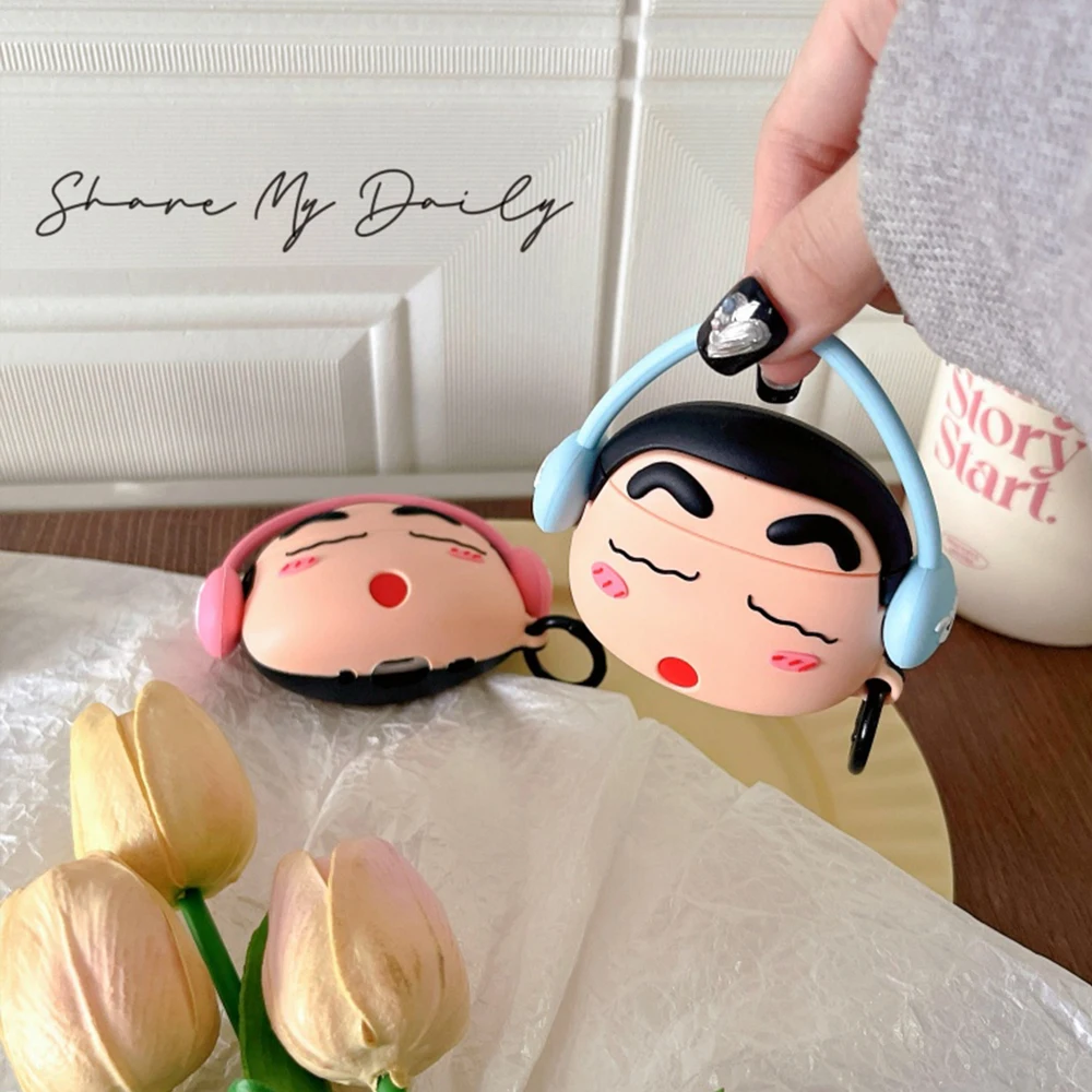 Kawaii Crayon Shin-Chan Case for Apple AirPods 1 2 3 Airpod Pro 3D Key Chain Wireless Earphone Bluetooth Headset Silicone Cover