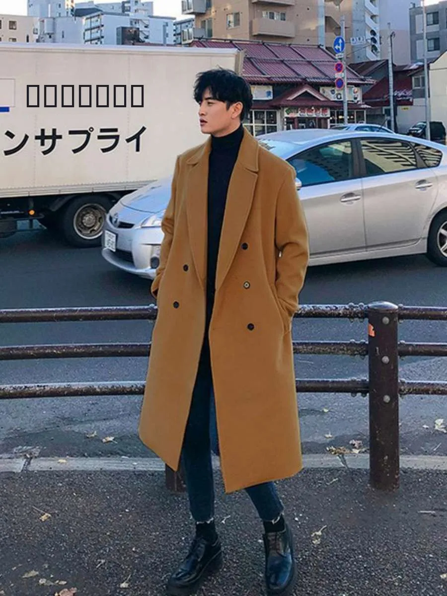 

Мужское шерстяное пальто из твида, осенне-зимнее, в корейском стиле, средней длины, двубортное, свободного кроя, ветровка