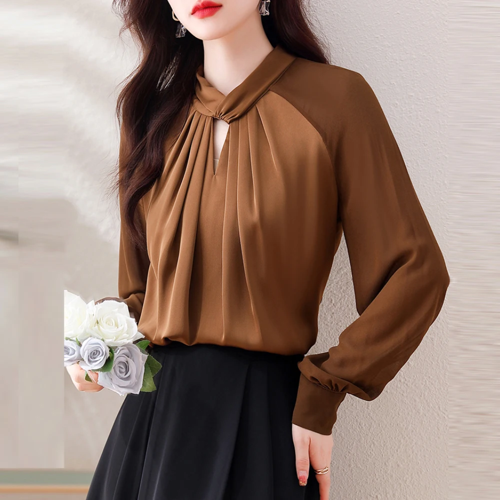 

Casual Chic Female Clothes Elegant Solid Color Folds Blouse Women Spring Autumn Long Thin Sleeve Office Vintage Chiffon Shirts