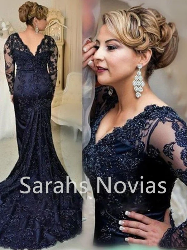 Navy Blue Mermaid Long Sleeves Mother of the Bride Dresses V Neck Beaded Lace Women Formal Evening Party Gowns For Wed Plus Size