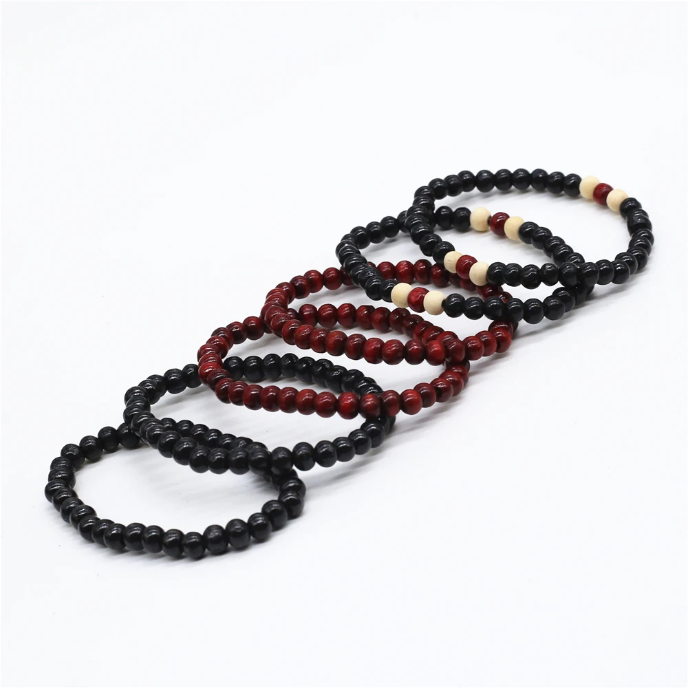 WESTBULL New Wholesale 6mm Black Red Wood Beads Strand Beaded Bracelets Men Homme Male Gift Jewelry Accessory