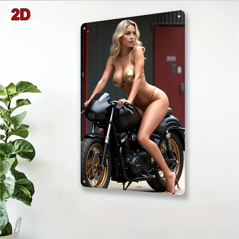 Vintage Motorcycle Girl Metal Sign - Retro Pin-Up Art with Blonde Bikini Rider,Black Motorcycle, Durable Iron Wall Decor for
