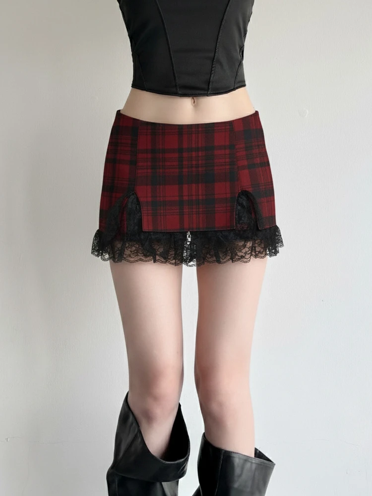 AltGoth Fairycore Grunge Hotsweet Mini jupe femmes esthétique gothique foncé Y2k e-girl Kawaii dentelle Patchwork taille basse jupe à carreaux
