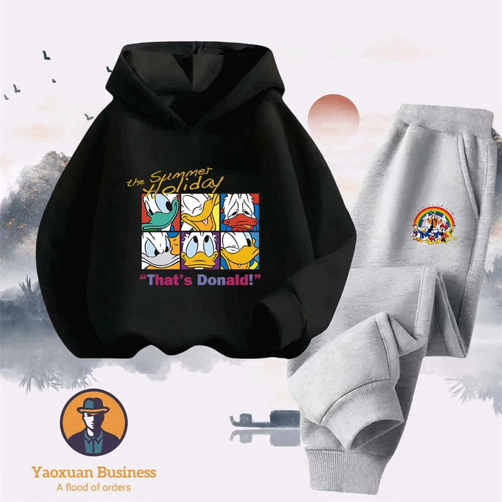 

Adorable 2025 Donald Duck Boys Kids Girls 2-Piece Hoodie Set Cute Cartoon Printed Windproof Warm Autumn Winter New