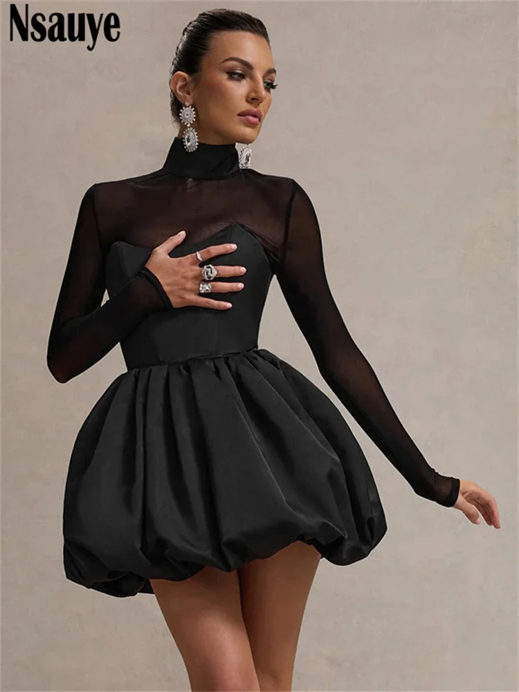 Nsauye 2024 Women Elegant Short Satin Chic Sexy Mini Evening Club Party Dress Bud Hem Fashion Mesh Long Sleeve Dress Turtleneck