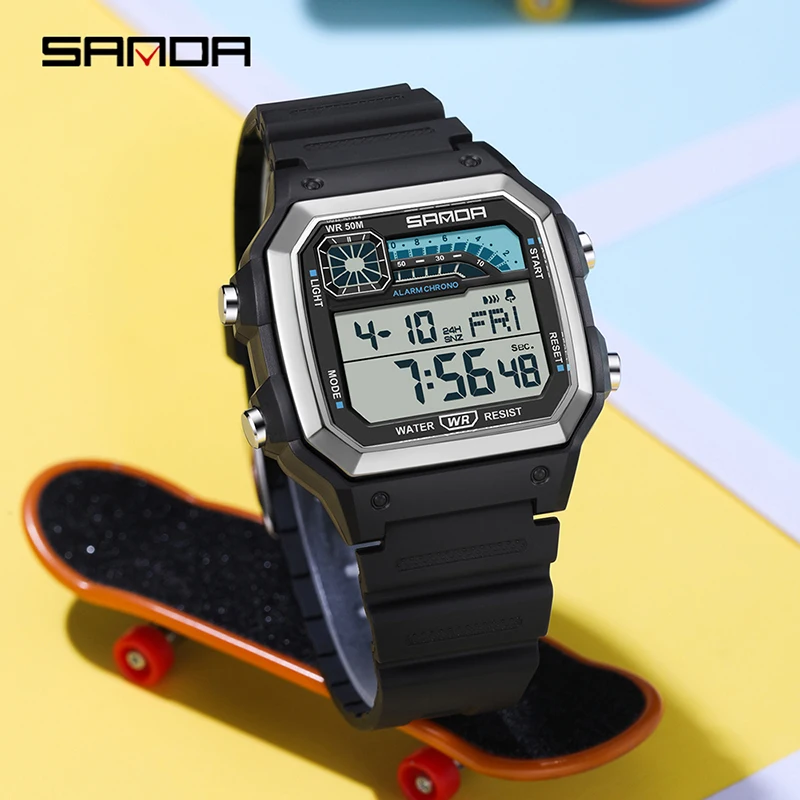 2024 SANDA 6196 Electronic Watch Multi functional Night Glow Waterproof Sports Men's Lightweight Square Classic Student Watch