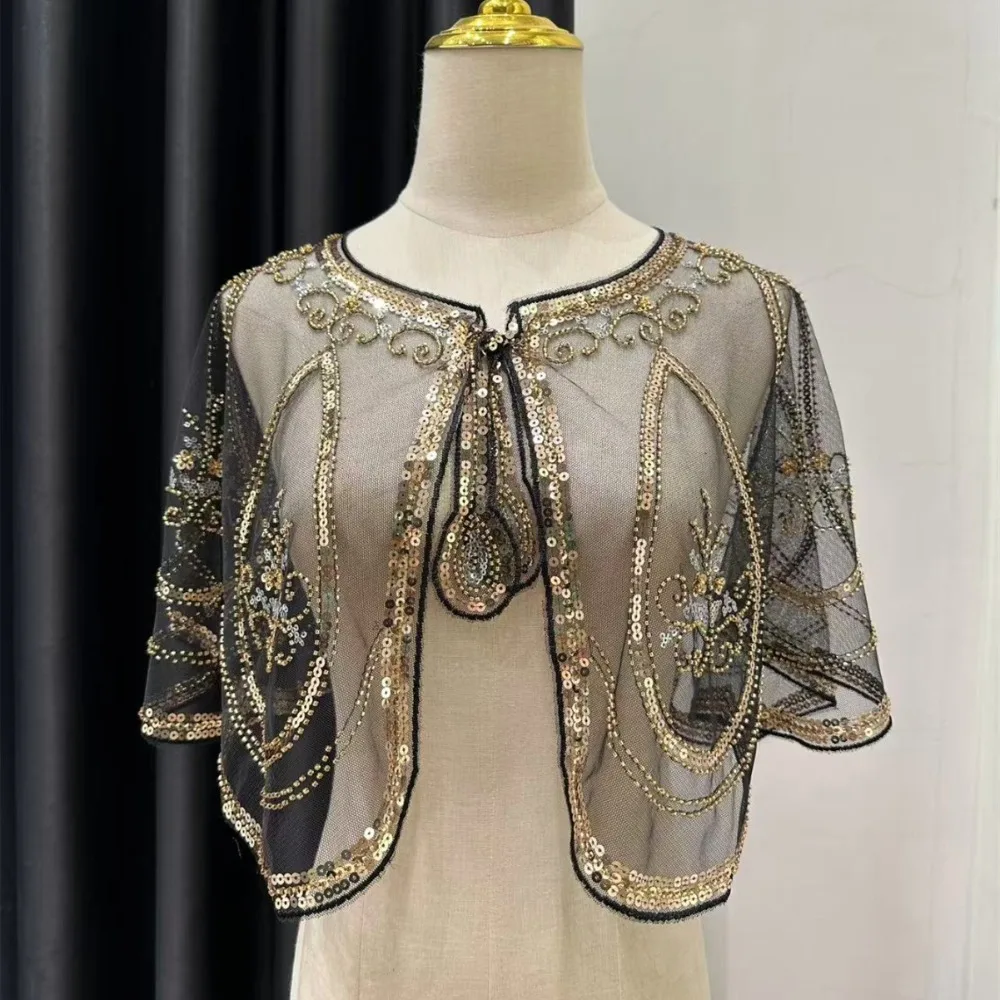 

Ретро-пончо с пайетками в винтажном стиле, короткая накидка с блестящими пайетками и бисером, в стиле 1920-х годов, короткая накидка с пайетками и бахромой