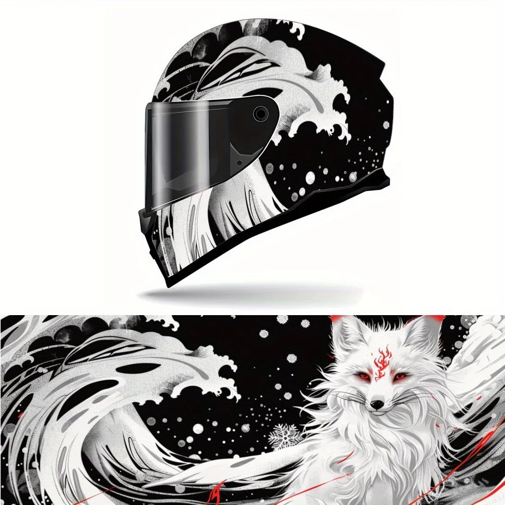 Ink Wave Spirit Fox PVC Motorcycle Helmet Vinyl Wrap, Self-Adhesive Waterproof Sticker, Anti-Scratch Decorative Film for Full Fa
