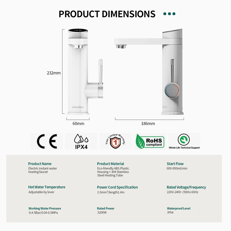 Briwellna-calentador de agua eléctrico de 220V, grifo de lavabo con calefacción, de 120 ° caño giratorio, mezclador inteligente de agua, géiser
