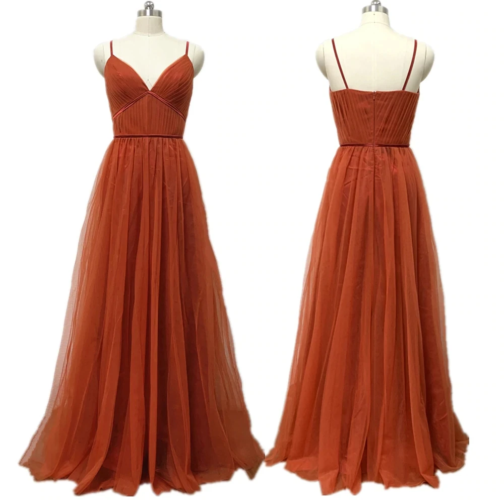 Vestidos de graduación de lujo para mujer, color naranja quemado, tirantes finos, tul, cuello en V, hasta el suelo, elegantes vestidos de dama de honor para fiesta de noche