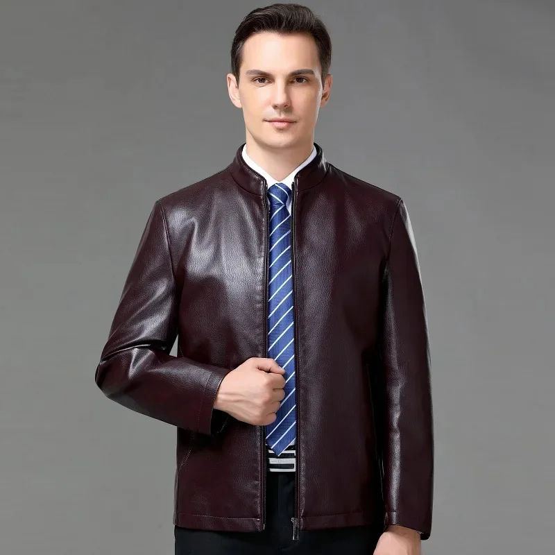 2023 Autumn Winter New Leather Coat Middle-Aged Men's Casual Business Stand Collar Sheepskin Jacket Thickened Warm Outwear